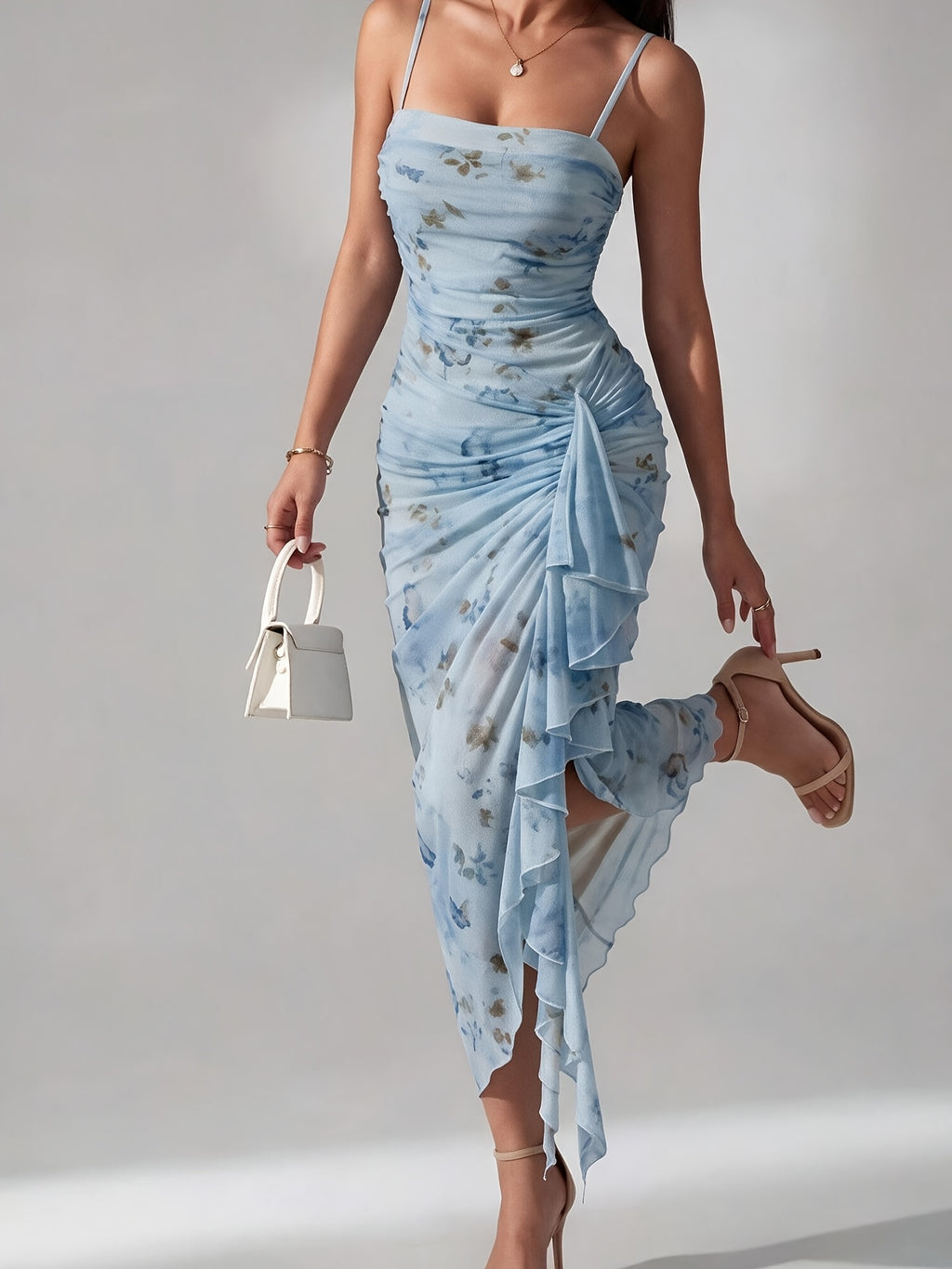 Women'S Bridesmaid Formal Wear Wedding Party Sexy Split Butterfly Printed Spaghetti Strap Ruffled Sleeveless Bodycon Women'S Long Dress Wedding Guest Attire Women'S Clothing - Sky Blue