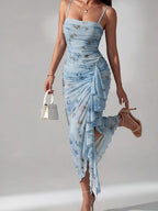 Women'S Bridesmaid Formal Wear Wedding Party Sexy Split Butterfly Printed Spaghetti Strap Ruffled Sleeveless Bodycon Women'S Long Dress Wedding Guest Attire Women'S Clothing - Sky Blue