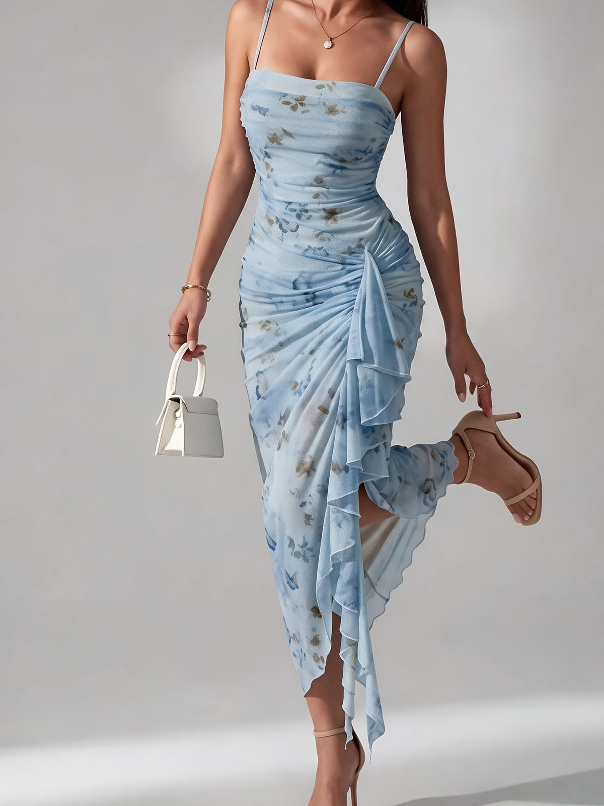 Women'S Bridesmaid Formal Wear Wedding Party Sexy Split Butterfly Printed Spaghetti Strap Ruffled Sleeveless Bodycon Women'S Long Dress Wedding Guest Attire Women'S Clothing - Sky Blue