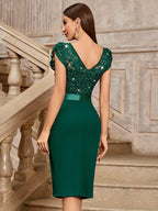 Women's Elegant Sequin Lace Petal Sleeve Double V Neck Ruched Trim Slit Hem Slim Party Dress - Dark Green