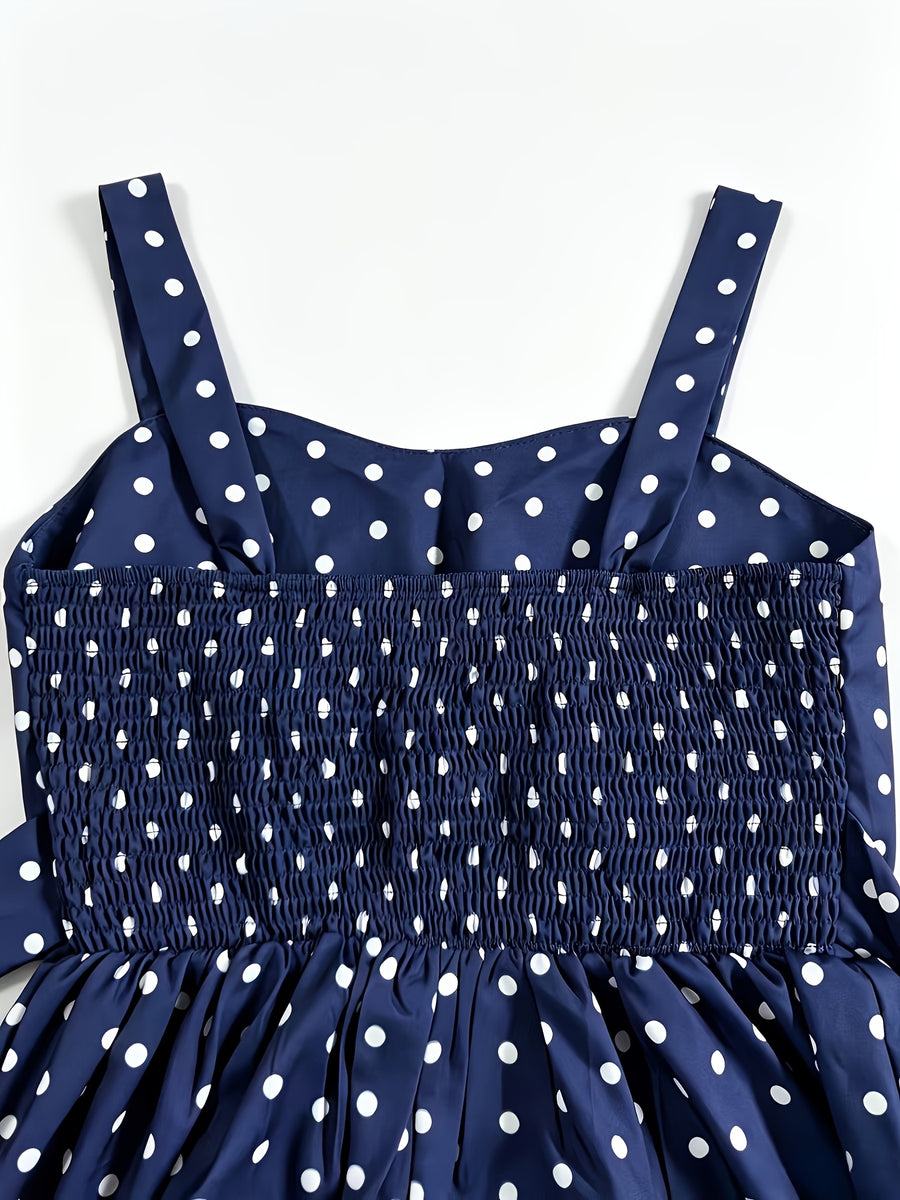 Vintage Elegant Polka Dot Cami Dress, Back Ruched Waist Tie-Up Slim Fit, Date Vacation Daily Commute Outfit, Graduation Season Concert - Royal Blue