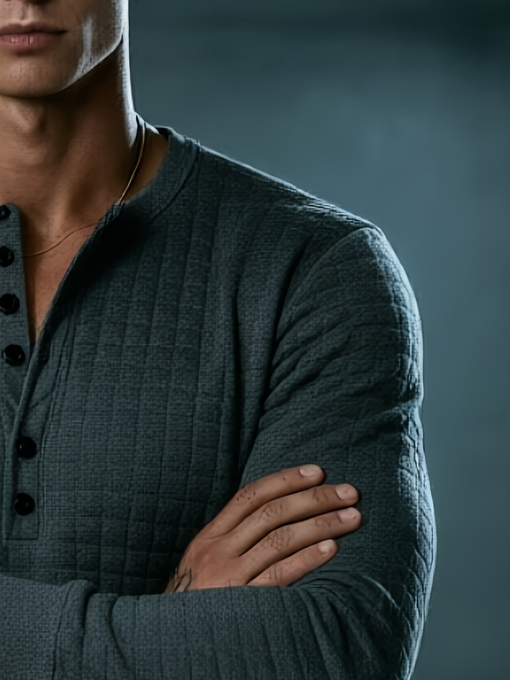 Autumn New Men'S White Checkered Henley Long Sleeve T-Shirt, Henley Collar Textured Top, Easy Rugged Slim Fit, Salon Gathering Casual Wear, Easy Fashion, Men'S Half-Open Long Sleeve - Dark Gray