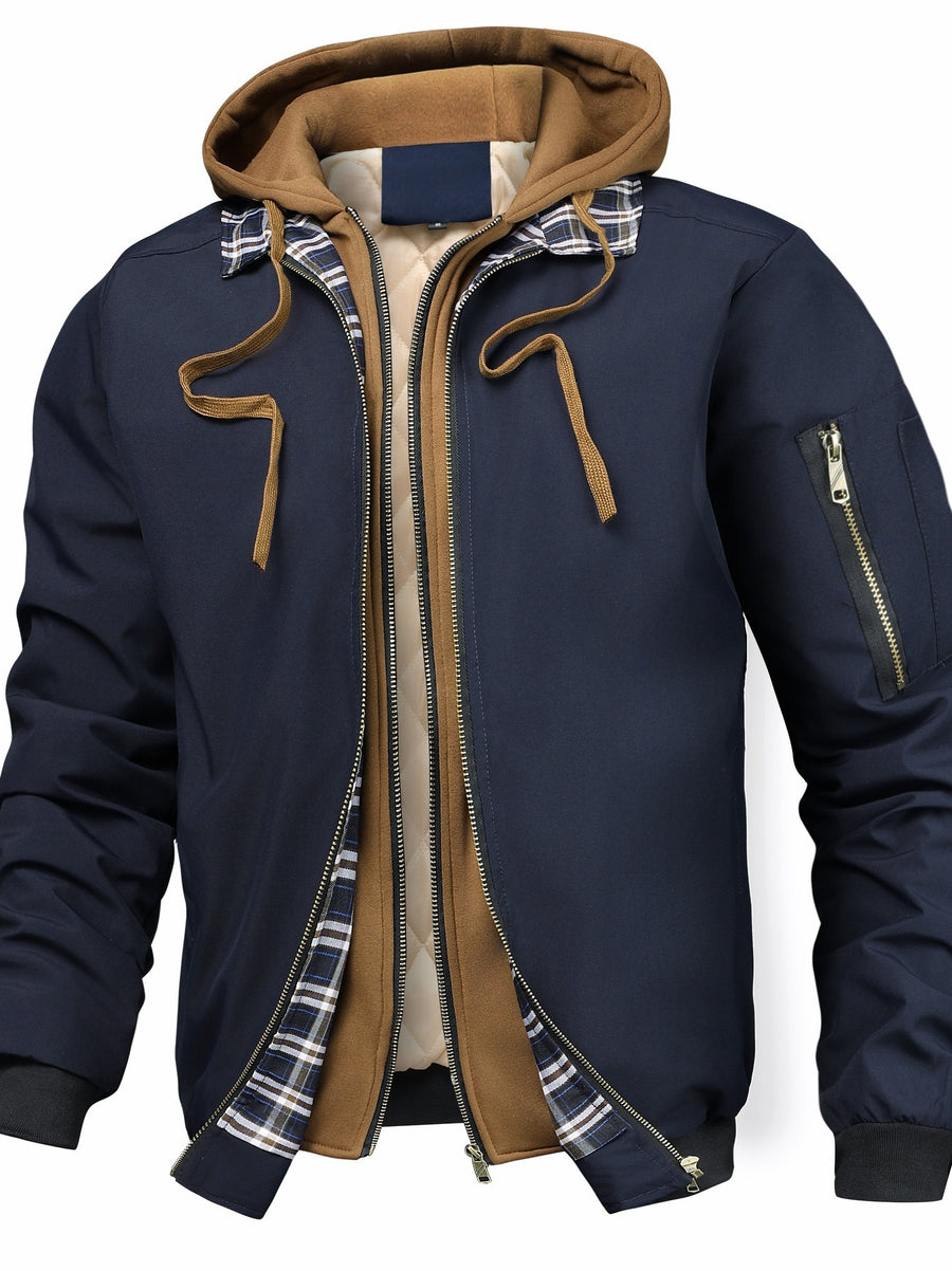 Men's Solid Color Hooded Air Force One Jacket - Loose Fit Zippered Coat with Full-Length Zipper Front, Full-Liner for Spring/Autumn/Winter, Casual Outerwear (No Belt Required) - Navy Color