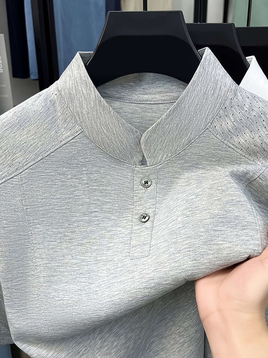 Men's Summer Short-Sleeve Stand Collar T-Shirt - Breathable Small Base Layer Shirt, Solid Color Business Casual Top Suitable for Daily Work Wear, Machine Washable & Dry Cleanable, Asymmetrical Hem - Flecking Gray