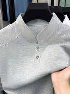 Men's Summer Short-Sleeve Stand Collar T-Shirt - Breathable Small Base Layer Shirt, Solid Color Business Casual Top Suitable for Daily Work Wear, Machine Washable & Dry Cleanable, Asymmetrical Hem - Flecking Gray
