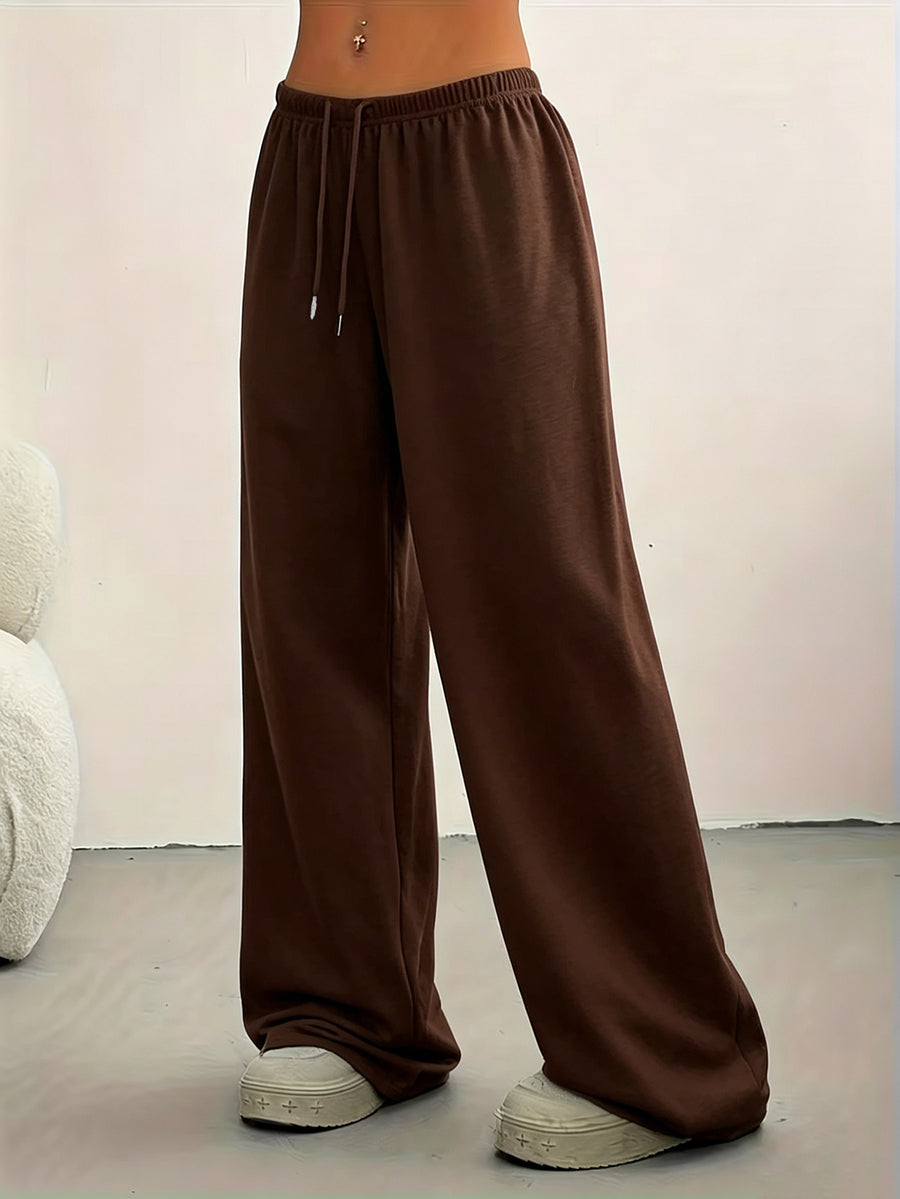 Lazy Style Solid Wide-Leg Pants Women'S High-Waist Drapey Floor-Length Trousers Versatile Casual Sweatpants - Coffee Color