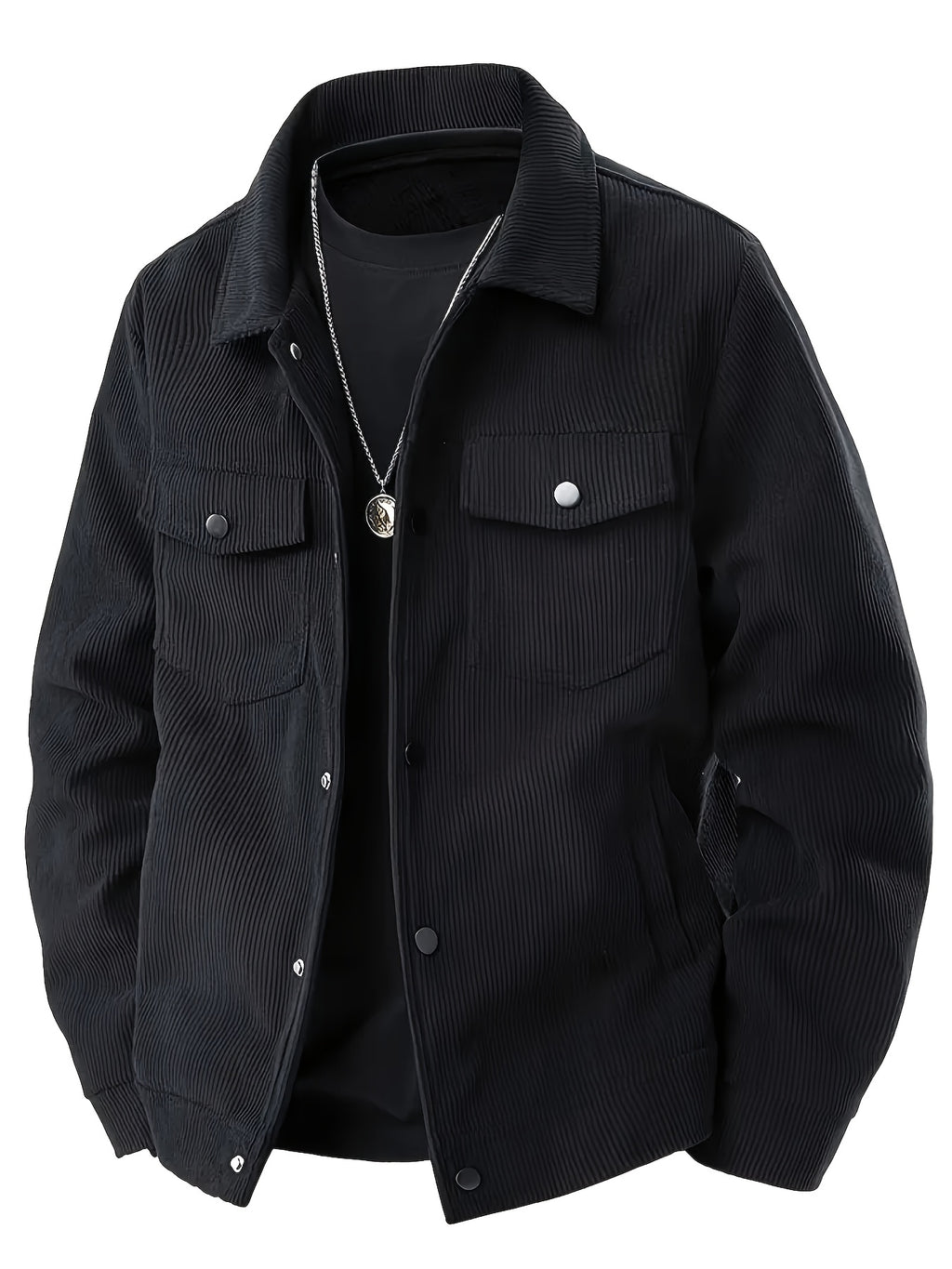 Men'S Spring Autumn Solid Color Long Sleeve Functional Warm Jacket, Corduroy Solid Color Jacket, Lapel Button-Up Design, Fabric Upgrade, Multi-Functional Chest Pockets, Suitable for Casual Daily Wear And Home Wear (2pcs Set) - Black+Grey