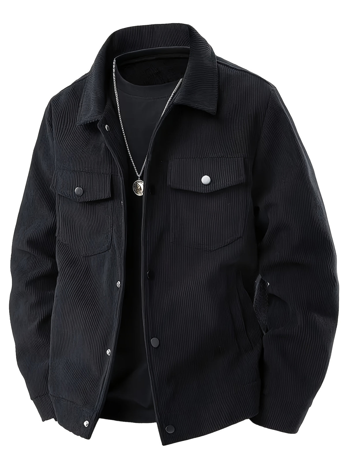 Men'S Spring Autumn Solid Color Long Sleeve Functional Warm Jacket, Corduroy Solid Color Jacket, Lapel Button-Up Design, Fabric Upgrade, Multi-Functional Chest Pockets, Suitable for Casual Daily Wear And Home Wear (2pcs Set) - Black+Grey