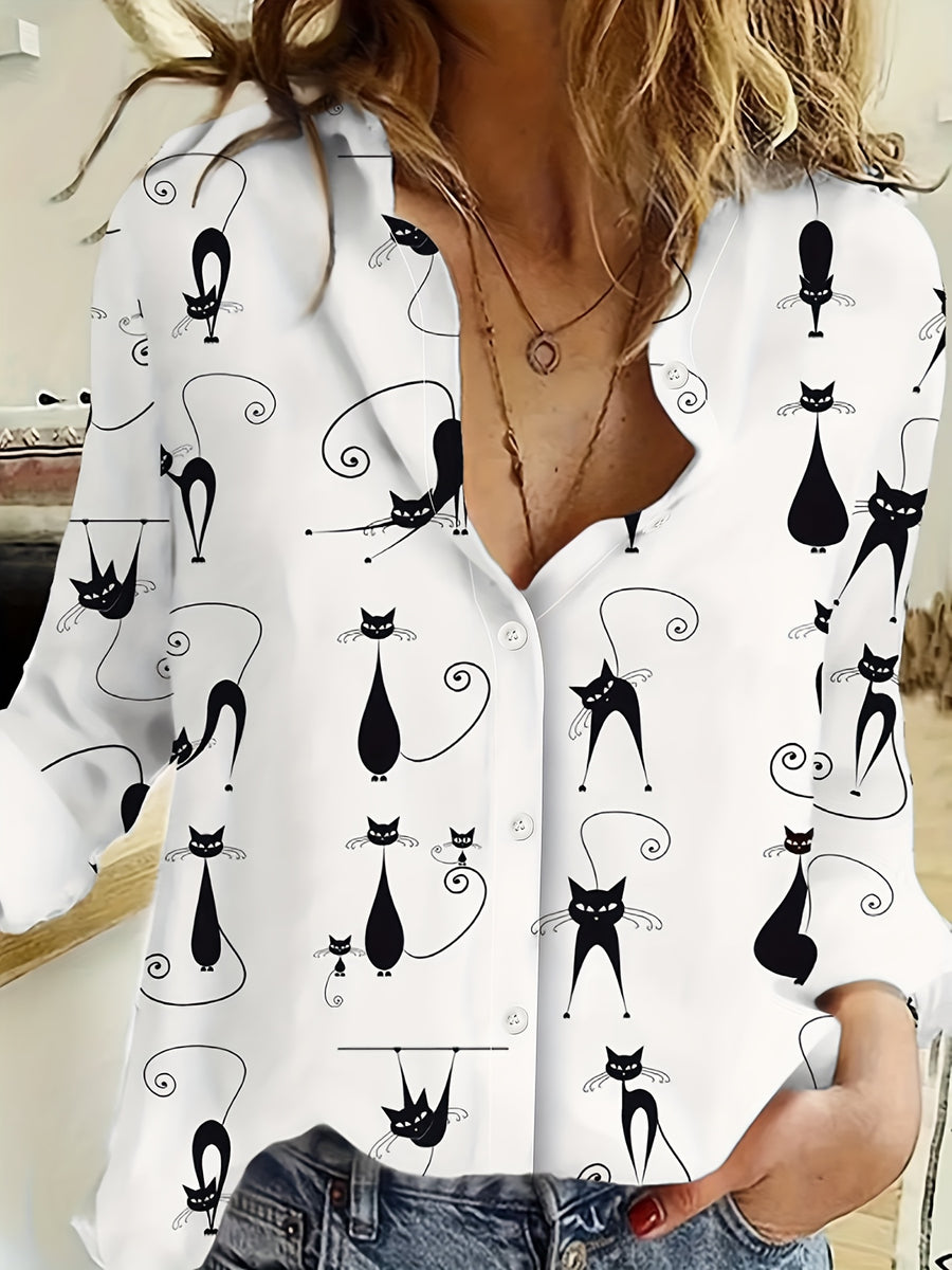 Western Casual Kitten Pattern Daily Commute Collared Button-Up Shirt - White