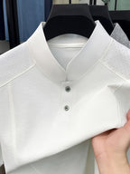 Men's Summer Short-Sleeve Stand Collar T-Shirt - Breathable Small Base Layer Shirt, Solid Color Business Casual Top Suitable for Daily Work Wear, Machine Washable & Dry Cleanable, Asymmetrical Hem - White
