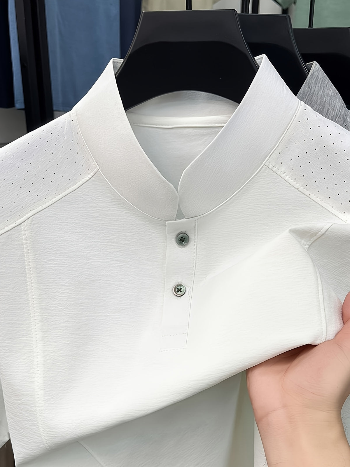 Men's Summer Short-Sleeve Stand Collar T-Shirt - Breathable Small Base Layer Shirt, Solid Color Business Casual Top Suitable for Daily Work Wear, Machine Washable & Dry Cleanable, Asymmetrical Hem - White