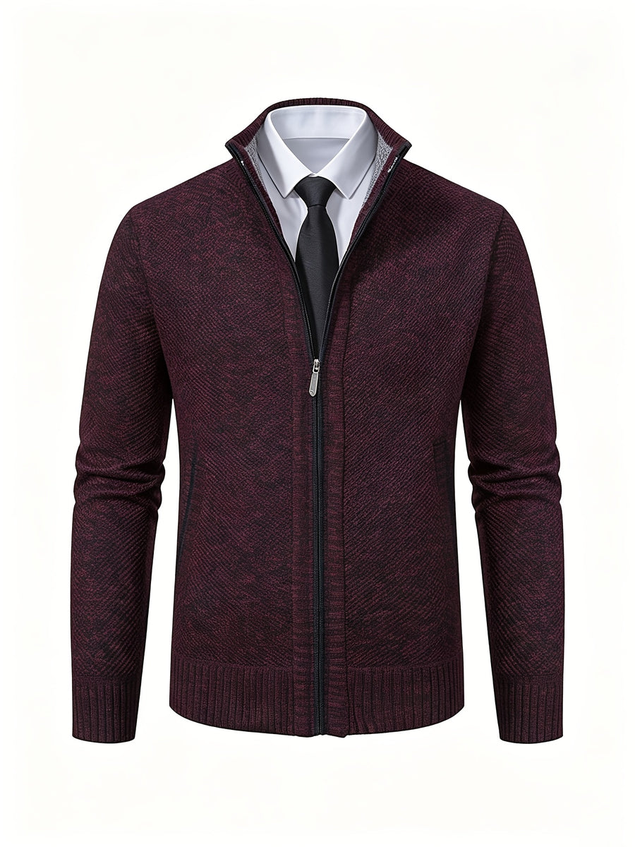 Men's Stand Collar Zip Up Knitted Cardigan Jacket, Casual Business Long Sleeve Sweater Coat with Pockets, Fall Winter Thick Warm Knit Outerwear for Men - Red