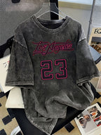 Trendy "Los Angeles" 23 Number Print New Spring/Summer Casual Jersey Sportswear, Street Sport Style Crew Neck Short Sleeve T-Shirt and Long Pants 2pcs Set, Washed Outfit, American Street Academic Style - Black