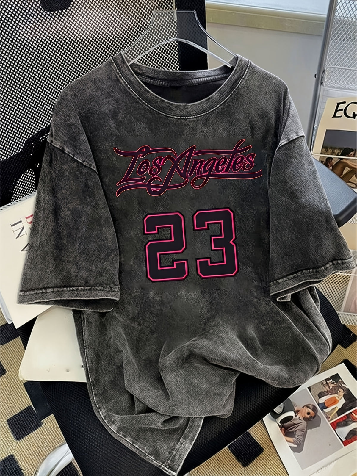 Trendy "Los Angeles" 23 Number Print New Spring/Summer Casual Jersey Sportswear, Street Sport Style Crew Neck Short Sleeve T-Shirt and Long Pants 2pcs Set, Washed Outfit, American Street Academic Style - Black