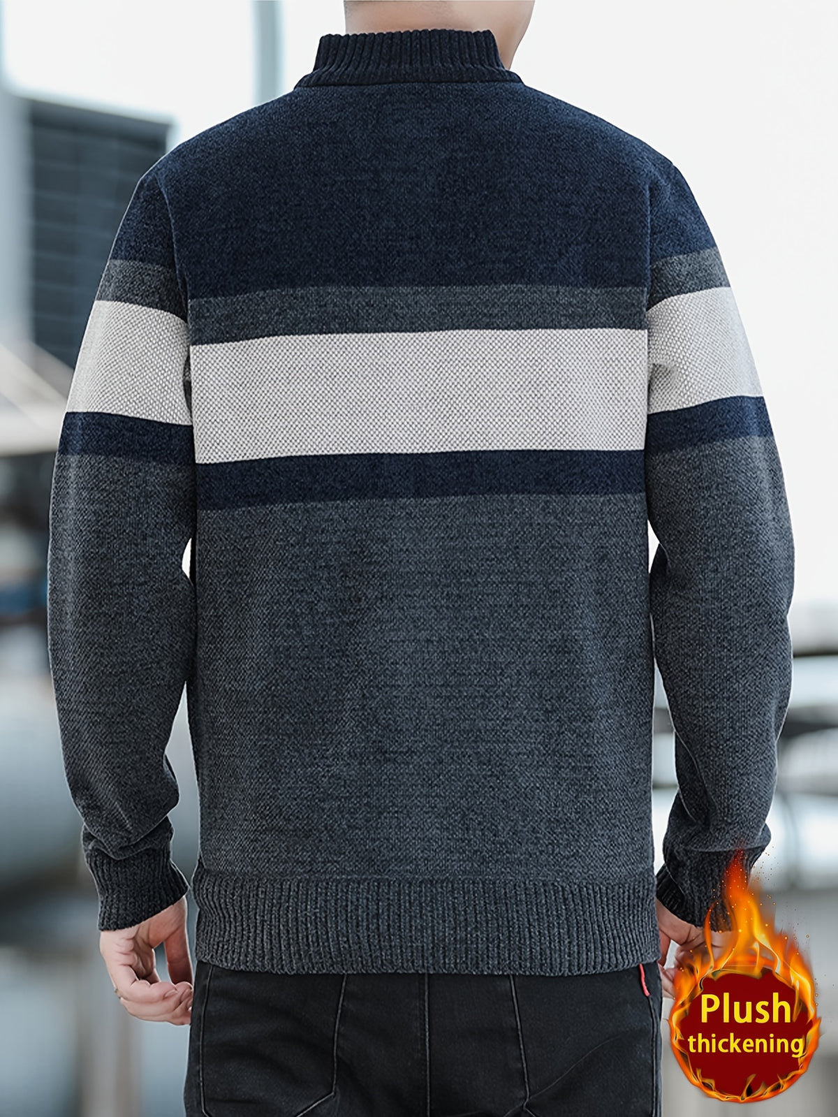 Men'S Autumn Winter Striped Contrasting Stand Up Collar, Thick Knit with Velvet, Zipper Jacket, Suitable for Autumn Winter Outdoor (Selected from Temujin) - Navy Color