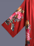 Japanese-style Rose Print Mid-length Three-quarter Sleeve Kimono Cardigan, Lightweight Outerwear for Women, Elegant European and American Ethnic-inspired Streetwear Casual Cover-up, Beach Vacation Travel Uchikake-style Thin Cape Coat, Home Yukata - Burgundy