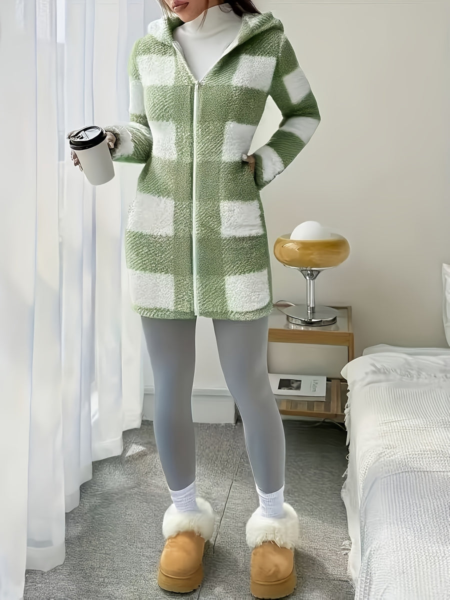 Plaid Printed Double-Faced Plush Hooded Zipper Cardigan Casual Women'S Autumn Winter Plush Coat - Yellow-green