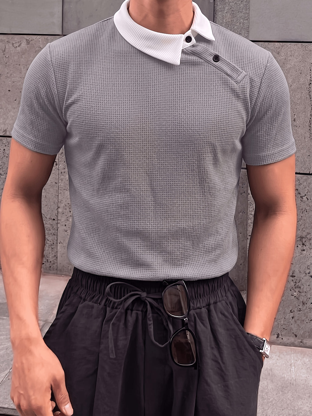 Summer Men'S Slanted Collar Contrast Polo Shirt, Black And White Patchwork Waffle Short Sleeve, Light Mature Style Business Casual Breathable T-Shirt - Grey