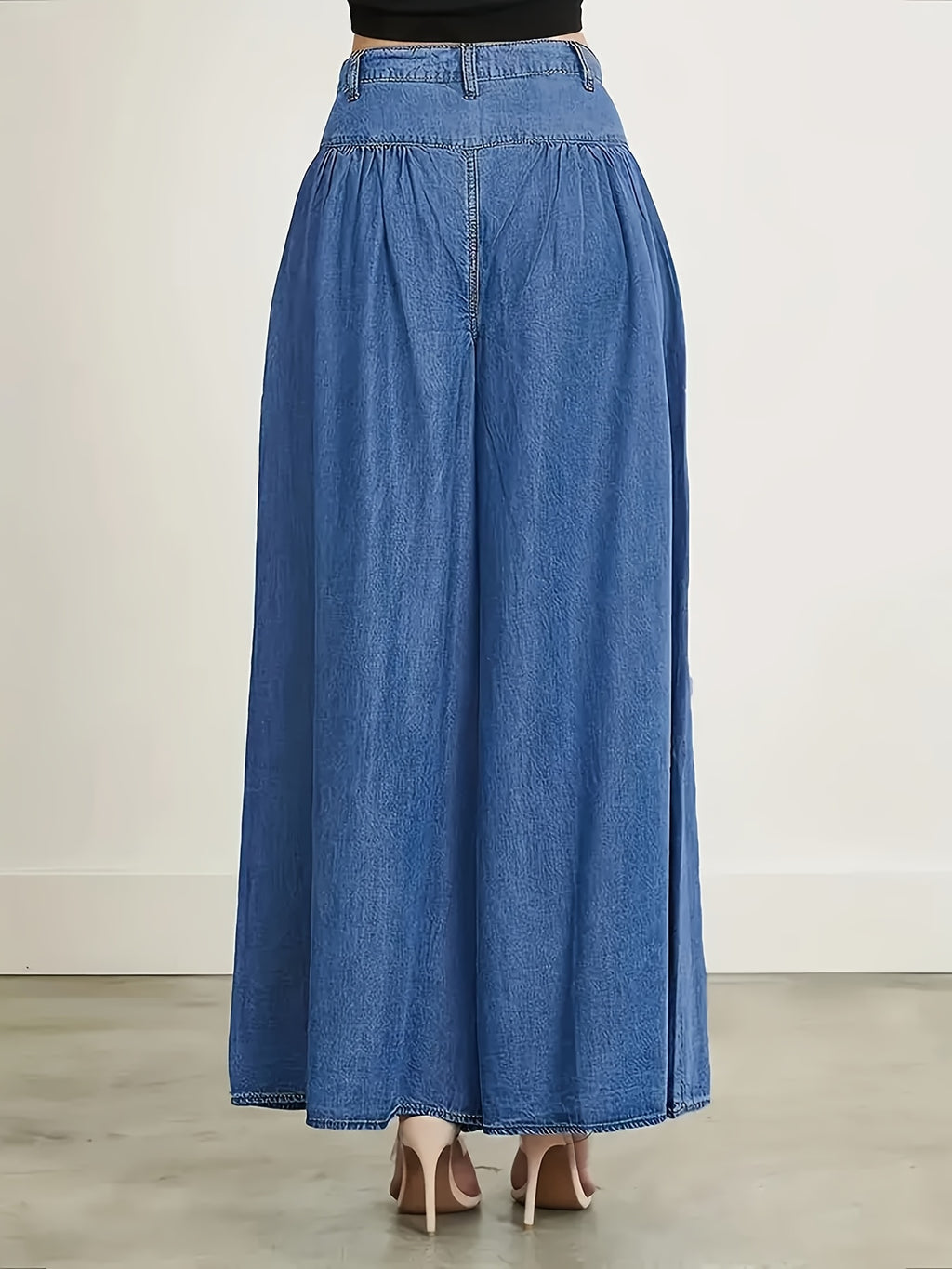 Women'S Loose Wide-Leg Denim Long Pants, Lightweight Fabric with Zipper And Button Closure, Fashionable Comfortable Casual High-Waist Jeans for All Seasons - Blue