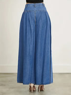 Women'S Loose Wide-Leg Denim Long Pants, Lightweight Fabric with Zipper And Button Closure, Fashionable Comfortable Casual High-Waist Jeans for All Seasons - Blue