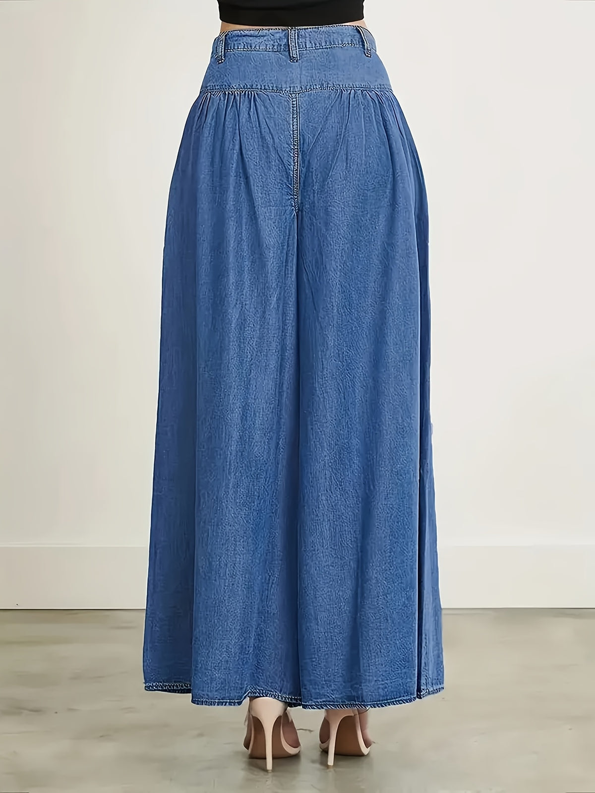 Women'S Loose Wide-Leg Denim Long Pants, Lightweight Fabric with Zipper And Button Closure, Fashionable Comfortable Casual High-Waist Jeans for All Seasons - Blue