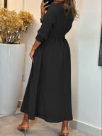 Fashion Women'S Classic Stand-Up Collar Single-Breasted Dress Elegant Ruffled Patchwork Long-Sleeved Dress Long Spring And Autumn 12010 - Black