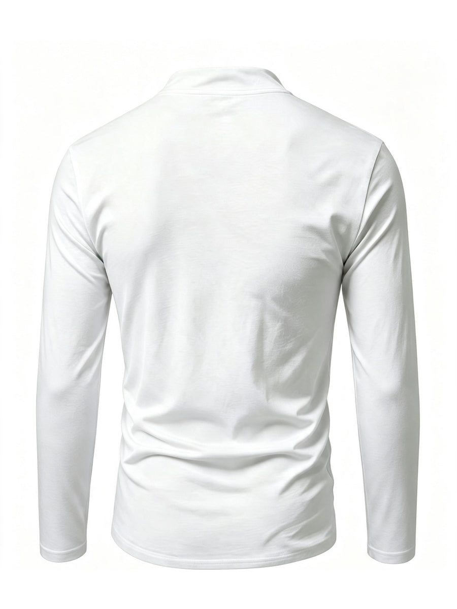2026 New Men'S Stand Collar Cross-Strap Long Sleeve Shirt, Unique Cross-Strap Neckline Design Eye-Catching, Chest Repeating Letter Cartoon Print Trendy Individual, All-Season Wearable Inner Layer, Commute And Casual Versatile Top - White