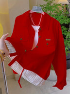 Spring and Autumn Fashion Striped Patchwork Top - Red