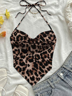 Women Summer New Arrival Hot Boho Casual Beach Vacation Daily Wear Allover Floral Print Sweetheart Neck Halter Tie Crop Top - Coffee Brown