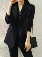 Fashionable Women's Elegant Blazer with Stylish Casual Back Center Slit Design, Solid Color Lapel, Single-Breasted Suit Jacket - Black