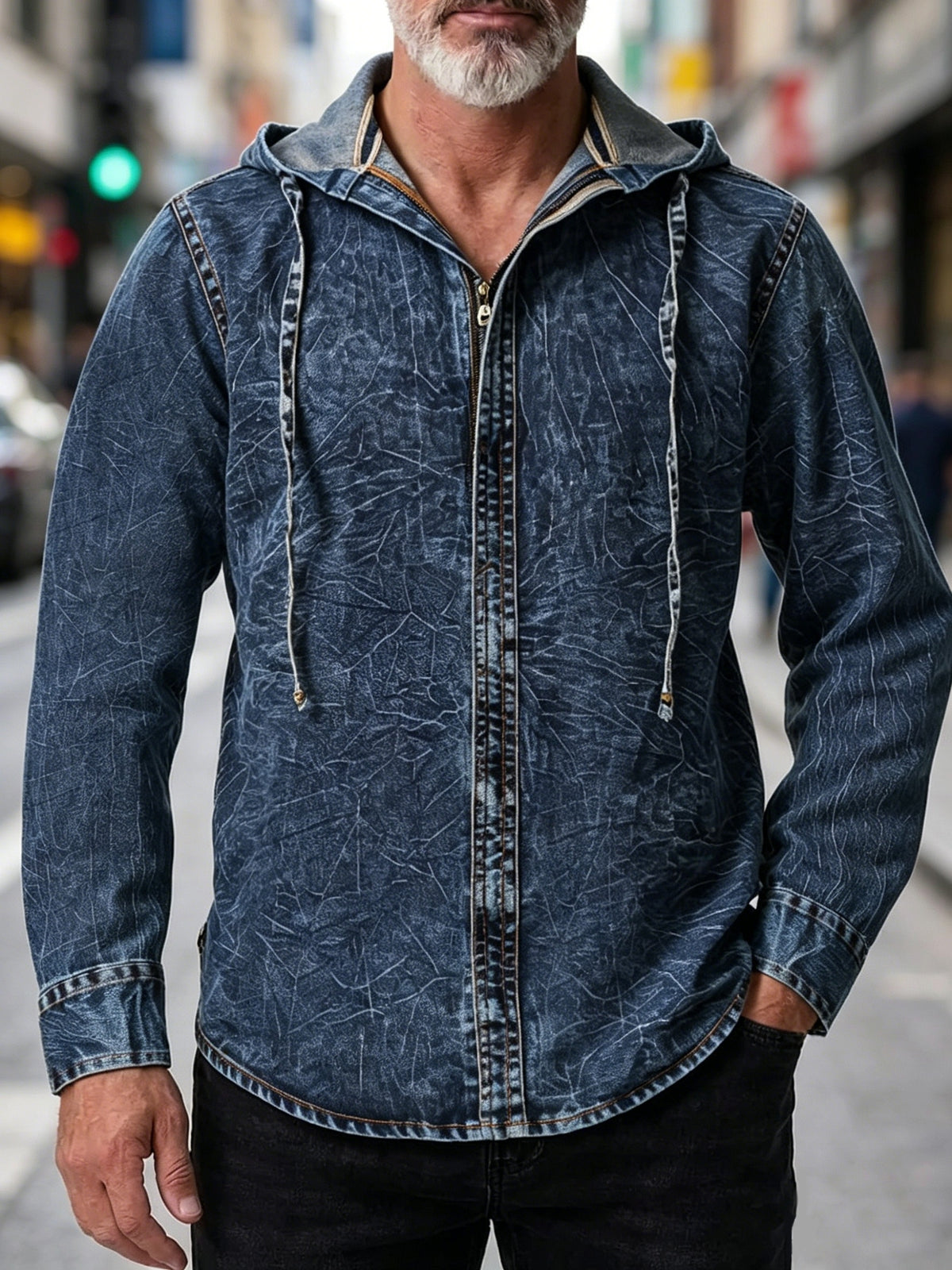 Original New Style Men'S Hooded Denim Shirt, Spring Autumn Tie-Dye Denim Jacket, American Retro Handmade Washed Distressed Texture Design, Zippered Long Sleeve Denim Coat, Casual Versatile Fit - Navy Color