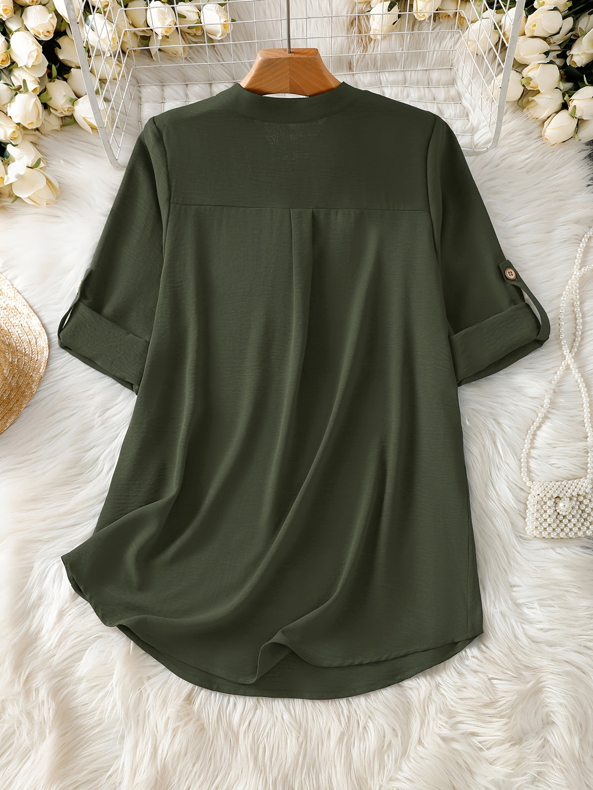 Elegant Women's Simple Casual Daily Short-Sleeve Solid Color Shirt, Spring/Summer Fashion Casual Outing Shirt, BK0608018 - olive drab
