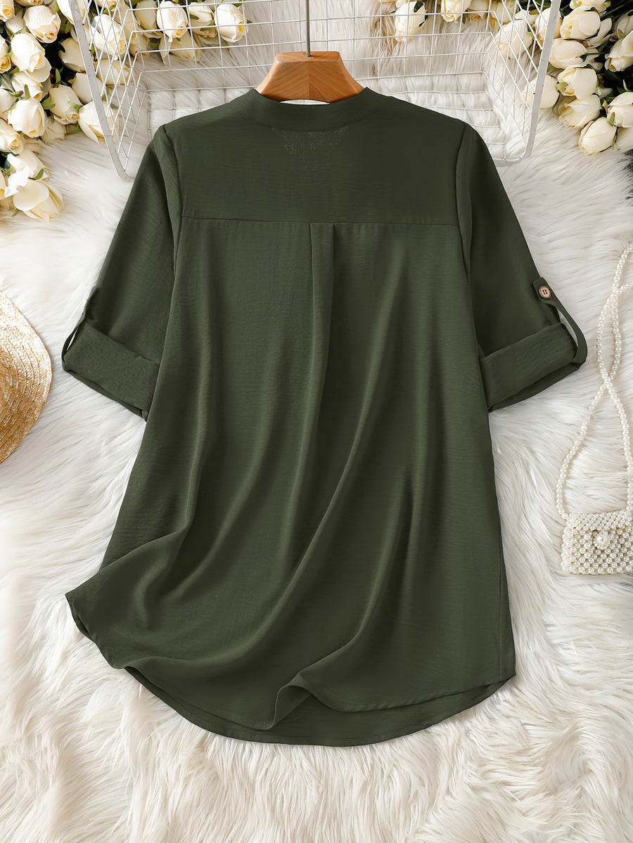 Elegant Women's Simple Casual Daily Short-Sleeve Solid Color Shirt, Spring/Summer Fashion Casual Outing Shirt, BK0608018 - olive drab