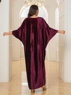 Velvet Embroidered Kaftan Dress - Suitable for Middle Eastern Women, Holiday Parties, Casual Elegance | V-Neck Dress - Burgundy