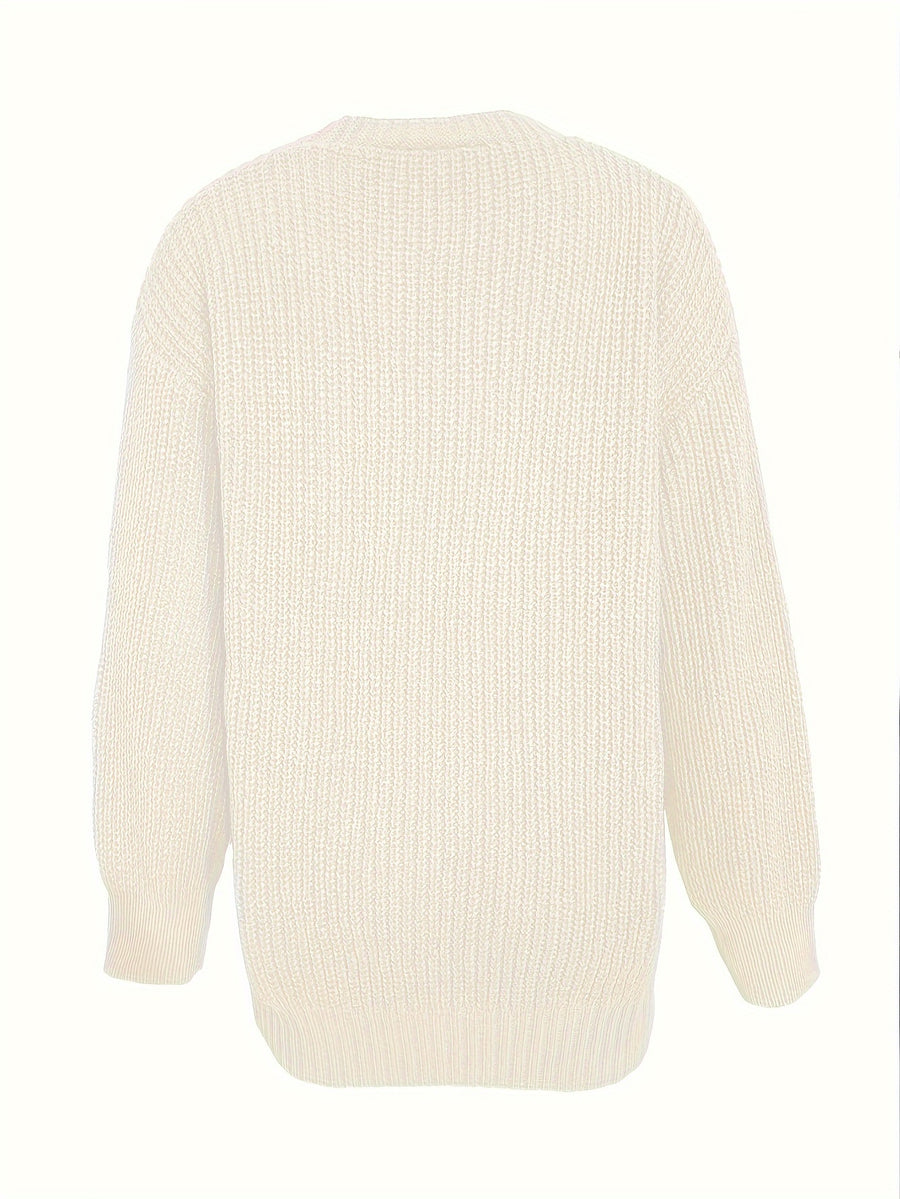 Casual V-Neck Single-Button Sweater Women'S Fall Winter Outerwear Top - Off-white