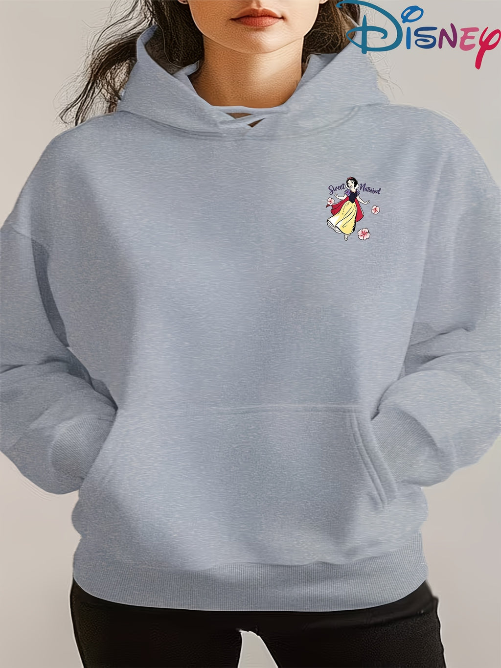 Genuine Women'S Summer Clothing, Snow White Wedding Theme Cartoon Pattern with Flowers And Text Decoration, Autumn Winter Fashion Fleece-Lined Hooded Sweatshirt, Women'S Printed Casual Elegant Top, Cute Top - Grey