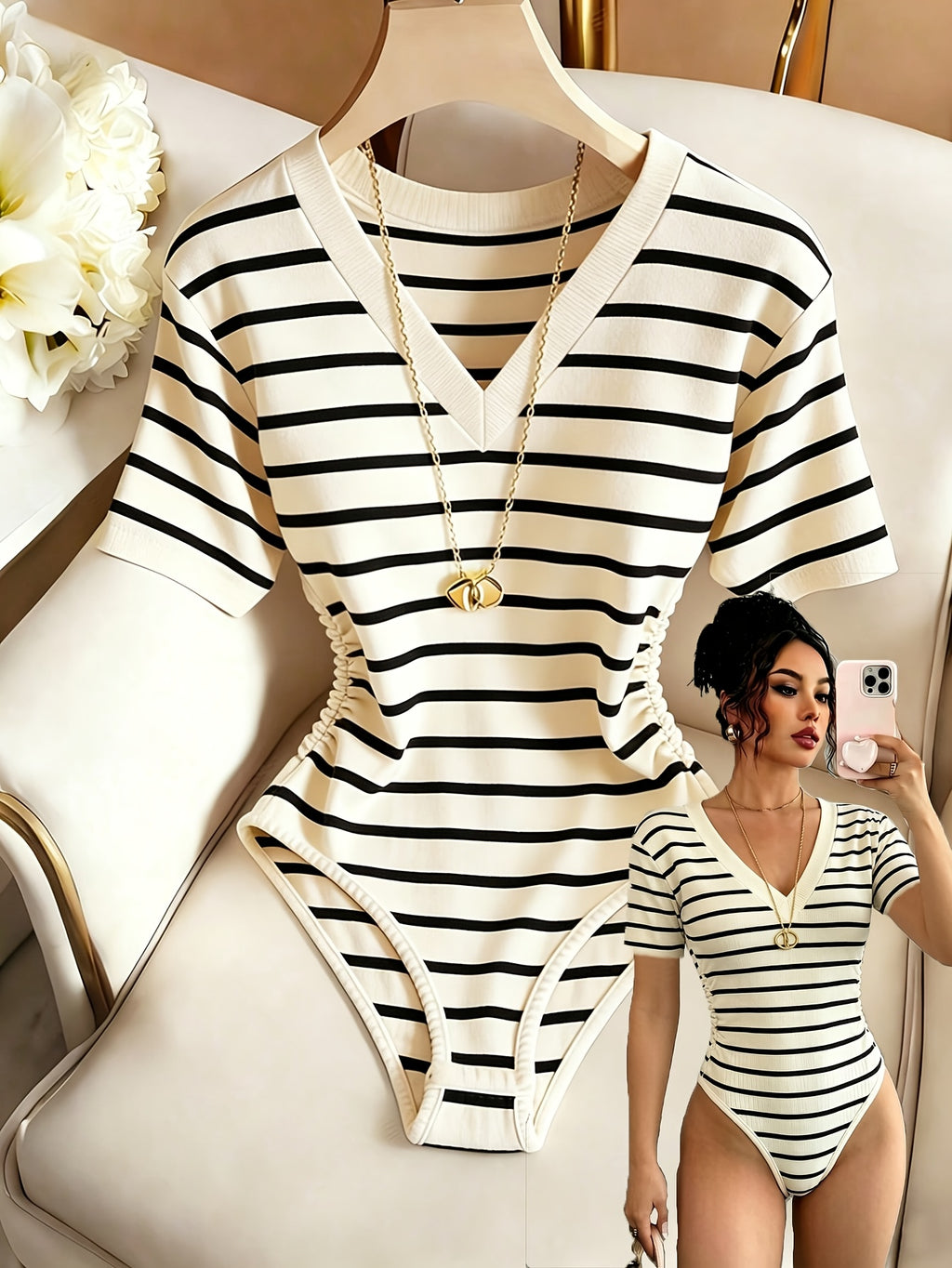 Women's Fitted V-Neck Top with Waist Pleats - Black Striped Shirt, Medium Stretch Suitable for Spring/Summer, Machine Washable Elegant Casual Wear for Office, Semi-Formal Events & Layering - Apricot
