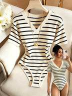 Women's Fitted V-Neck Top with Waist Pleats - Black Striped Shirt, Medium Stretch Suitable for Spring/Summer, Machine Washable Elegant Casual Wear for Office, Semi-Formal Events & Layering - Apricot