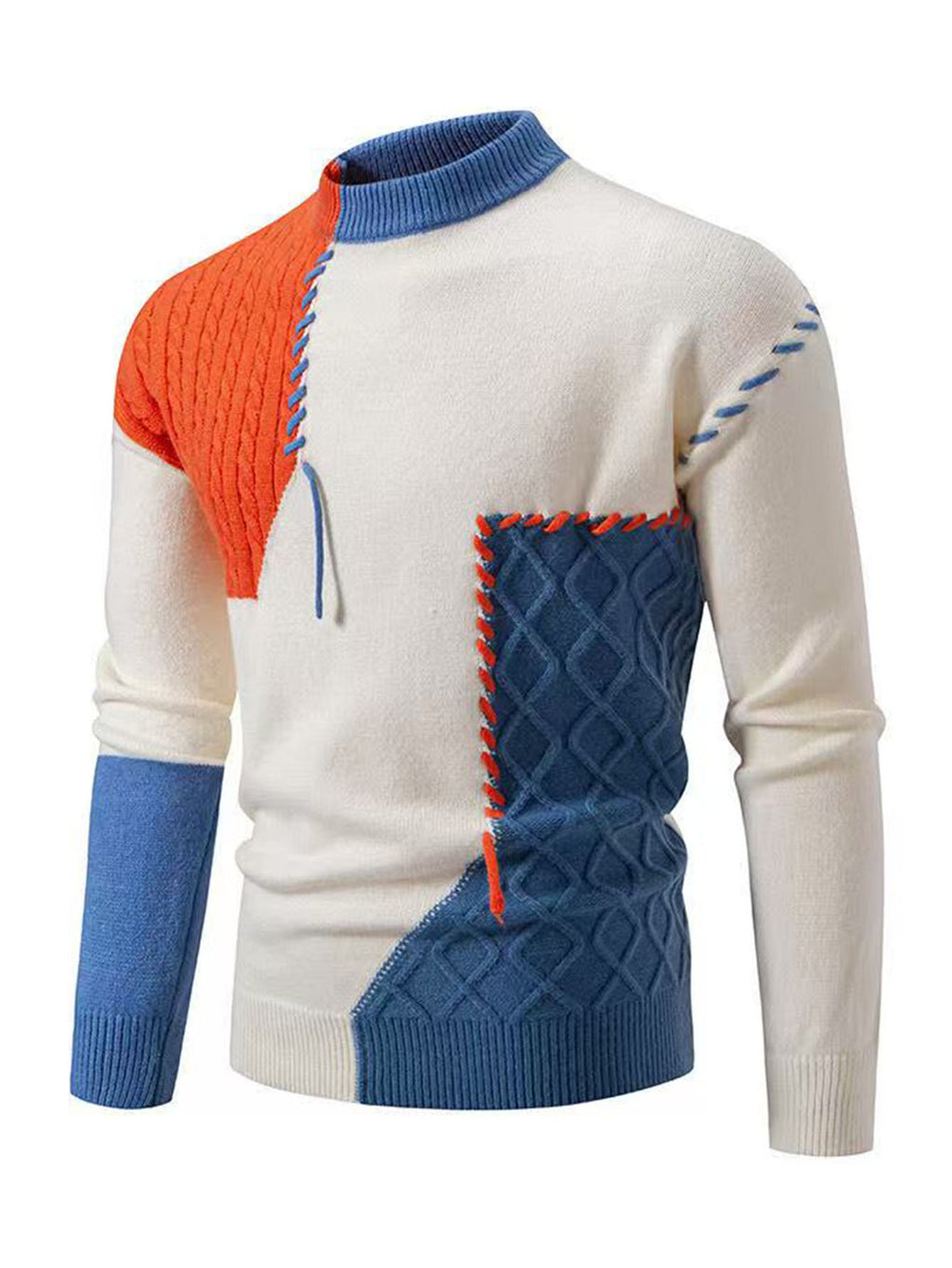 Men'S Color-Blocked Round Neck Sweater, Trendy And Relaxed Style, Warm Knitted Top for Casual Wear - Orange-Red
