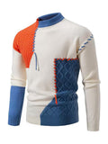 Men'S Color-Blocked Round Neck Sweater, Trendy And Relaxed Style, Warm Knitted Top for Casual Wear - Orange-Red