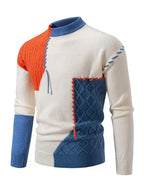Men'S Color-Blocked Round Neck Sweater, Trendy And Relaxed Style, Warm Knitted Top for Casual Wear - Orange-Red