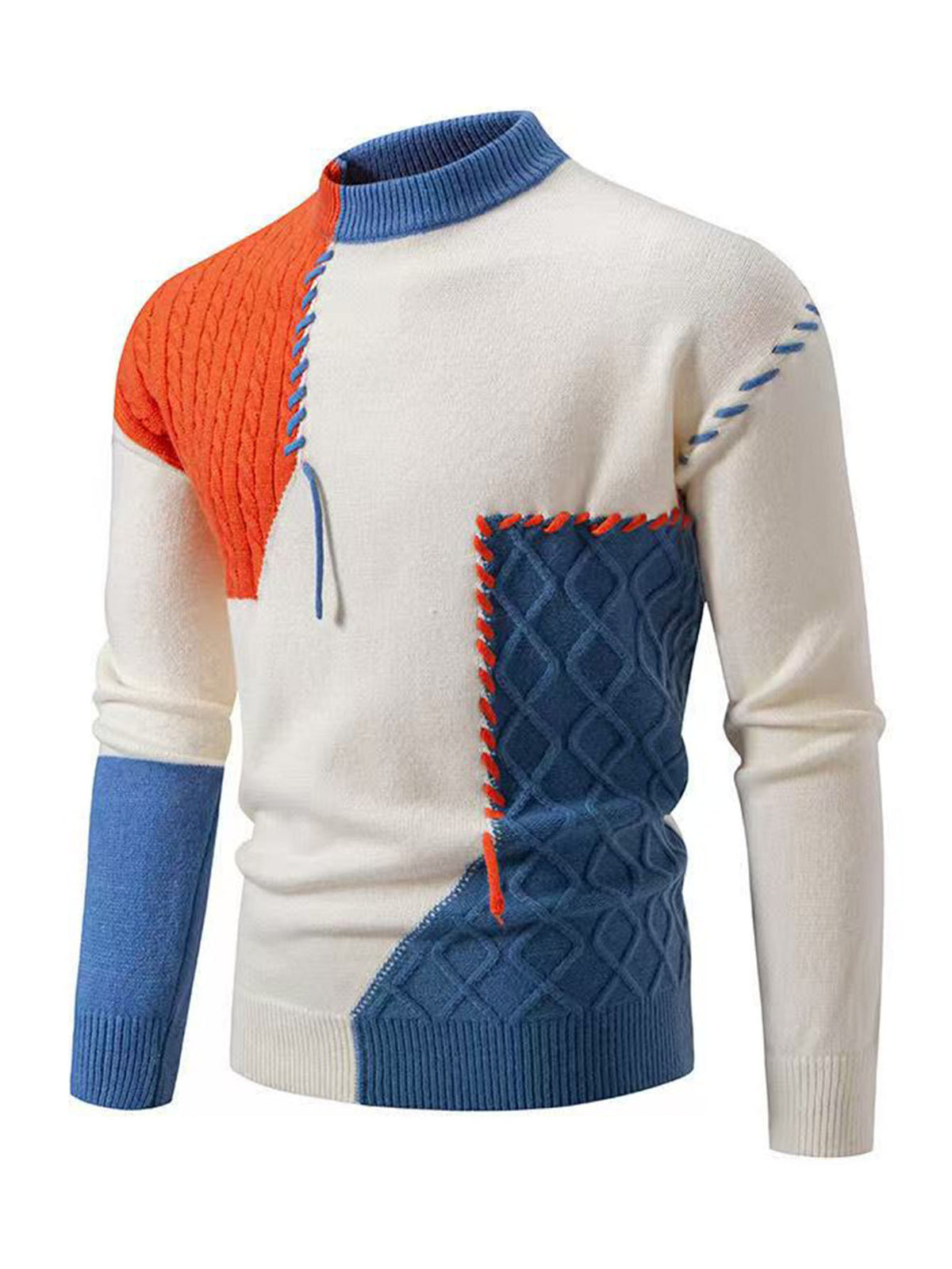 Men'S Color-Blocked Round Neck Sweater, Trendy And Relaxed Style, Warm Knitted Top for Casual Wear - Orange-Red