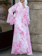 Autumn'S New French Elegant Round-Neck Long Dress, Elegant And Romantic Pink Floral Printed Flared Sleeve Long Dress/Elegant Street Style/Eye-Catching Long-Sleeved Floor-Length Dress for Dates - Pale Pinkish Gray