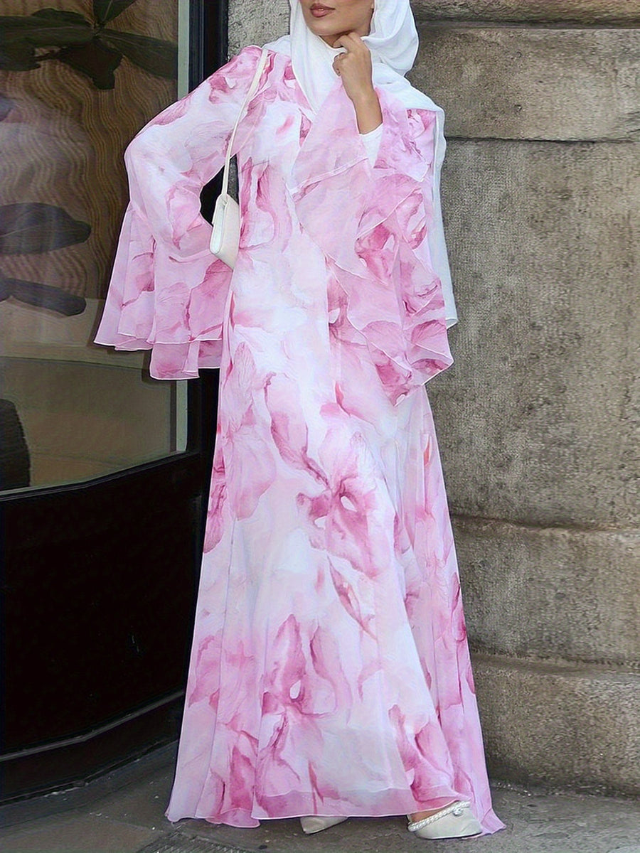 Autumn'S New French Elegant Round-Neck Long Dress, Elegant And Romantic Pink Floral Printed Flared Sleeve Long Dress/Elegant Street Style/Eye-Catching Long-Sleeved Floor-Length Dress for Dates - Pale Pinkish Gray