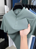 Summer Short-Sleeve T-Shirt for Men, Featuring a Solid Color, Breathable Fabric, And a Small Stand-Up Collar - Bean Green