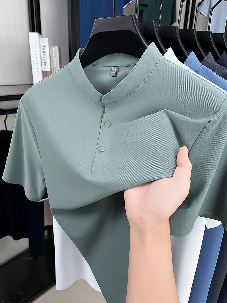 Summer Short-Sleeve T-Shirt for Men, Featuring a Solid Color, Breathable Fabric, And a Small Stand-Up Collar - Bean Green