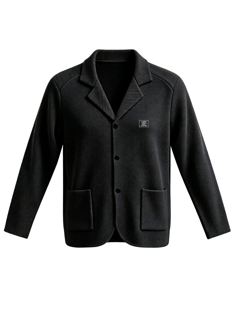 Men's New Spring, Autumn, and Winter Collection: Twill Textured Fabric Single-Breasted Notched Lapel Cardigan with Double Pockets, a Versatile Long-Sleeve Business Casual Outerwear. Soft, Comfortable, and Stylish Knitted Solid-Color Jacket - Black