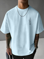 Men'S 100% T-Shirt, Letter Print on Back, Comfortable And Breathable, All-Season Wear, Casual Style - Light Blue Color