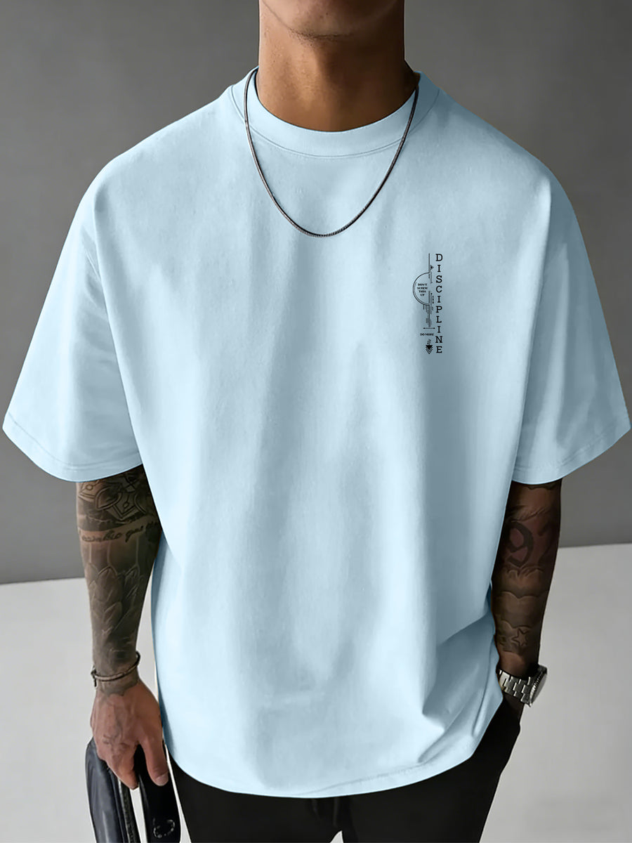 Men'S 100% T-Shirt, Letter Print on Back, Comfortable And Breathable, All-Season Wear, Casual Style - Light Blue Color