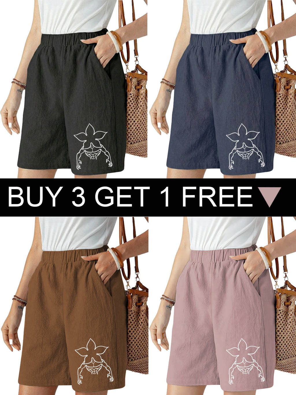 Buy 3 Get 1 Free, Total 4 Pairs. Comfortable and Breathable Shorts with Double Side Pockets, Unique Patterns, Women's Mid-Thigh Shorts, Solid Color Elastic Waistband Casual Pants - Black + Navy Blue + Brown + Pink